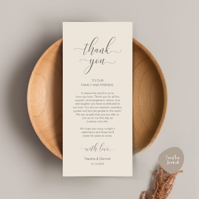 Moderne Hochzeitsplattform dank Karte (Modern Wedding Dinner Place Setting Thank You Card in Classy Cream Grey)