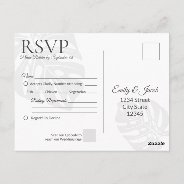 Moderne Hochzeitspostkarte RSVP. Palm Leaf Beach Postkarte (Rückseite)