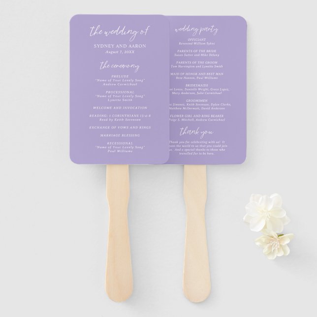 Moderne Hochzeitsprogramm Sydney Lavender Fächer (Vorne und Hinten)