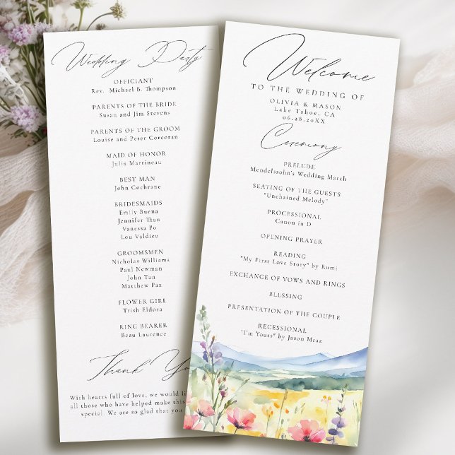 Moderne Hochzeitsprogramm Wiese mit Berg-Wildblume (mountain wedding program wildflowers meadow floral watercolor modern calligraphy)