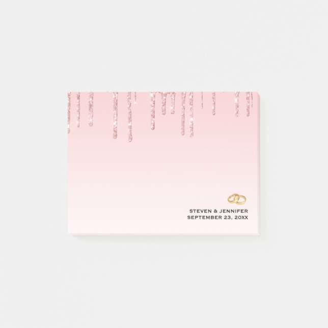Moderne Hochzeitsrosa Glitzer Tropfen & Goldene Ri Post-it Klebezettel (Vorderseite)
