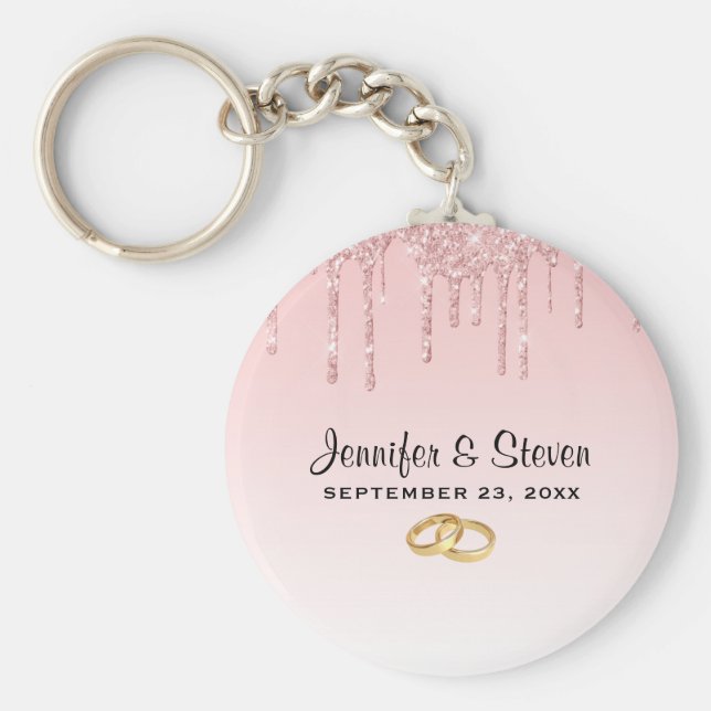 Moderne Hochzeitsrosa Glitzer Tropfen & Goldene Ri Schlüsselanhänger (Vorne)
