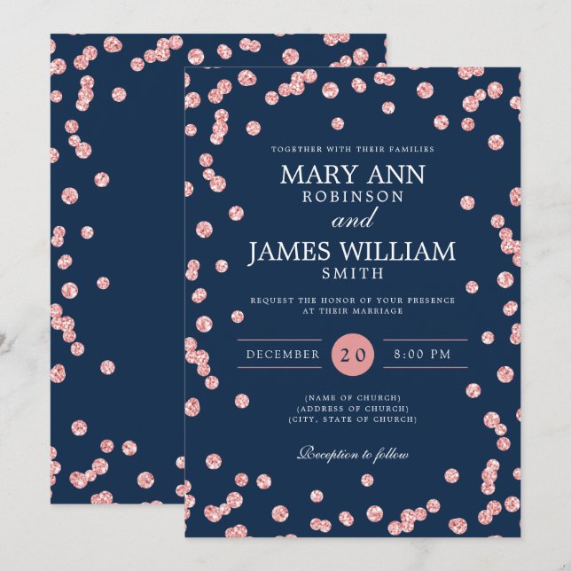 Moderne Hochzeitssemble Rose Gold Glitzer Confetti Einladung (Vorne/Hinten)