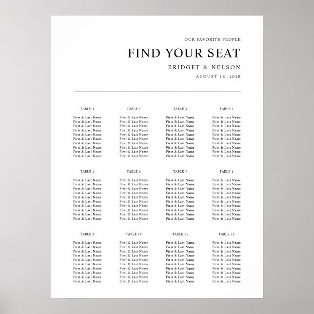 Moderne Hochzeitssitzkarte Poster (Vorne)