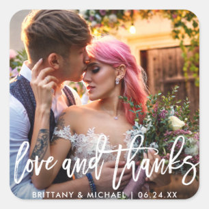 Moderne Hochzeitsskripte dank Liebe Quadratischer Aufkleber