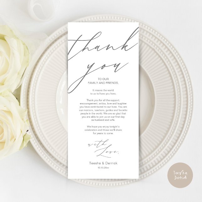 Moderne Hochzeitsstätte mit Dankeschön Abendkarte Programm (Wedding Dinner Place Setting Thank You Card, Modern Minimalist Script, in Dark Grey)