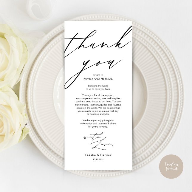 Moderne Hochzeitsstätte mit Dankeschön Abendkarte Programm (Wedding Dinner Place Setting Thank You Card, Modern Minimalist Script, in Black White)