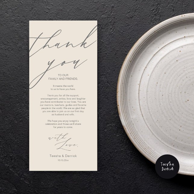 Moderne Hochzeitsstätte mit Dankeschön Abendkarte Programm (Wedding Dinner Place Setting Thank You Card, Modern Minimalist Script, in Cream and Grey)
