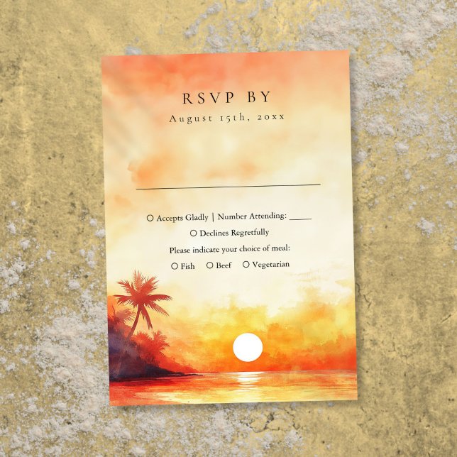 Moderne Hochzeitsstimmung im Orange Beach RSVP Karte (Modern Watercolor Orange Beach Sunset Wedding RSVP Card)