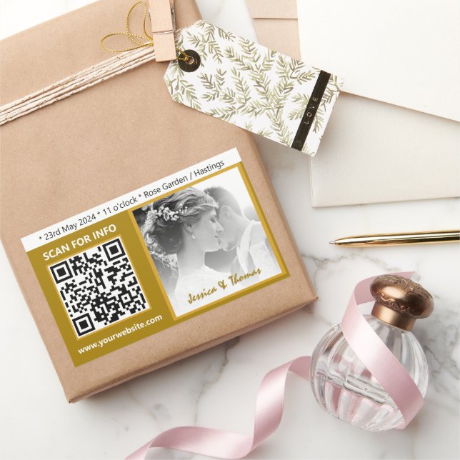 Moderne Hochzeitsticker, QR-Code, Foto, Gold Rechteckiger Aufkleber (Schenken)