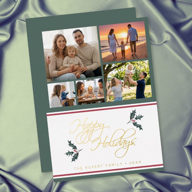 Moderne Holly Five Foto-Collage Frohe Feiertage (Modern Holly Five Photo Collage Happy Holidays Foil Holiday Card)