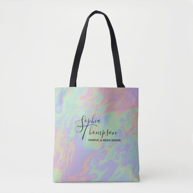 Moderne Holografie-Script Rainbow Pastel Tote Bag (Vorderseite)