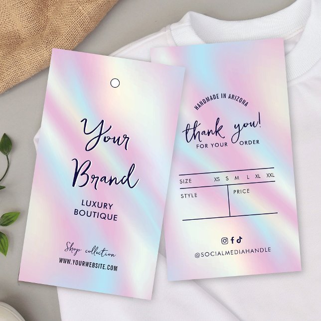 Moderne holografische Bekleidungsmarken Hang Tag (Feminine clothing tag label with holographic effect background and modern script fonts & size chart)
