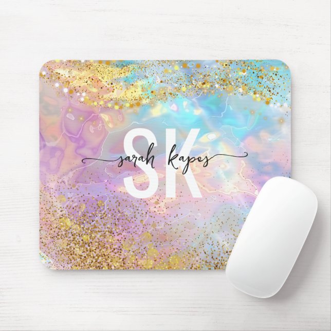 Moderne holografische Opalstein-Iridens-Monogramm  Mousepad (Mit Mouse)