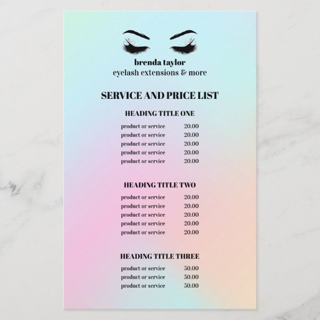 Moderne Holographic EYELASH SALON SERVICE LISTE Flyer (Vorne)