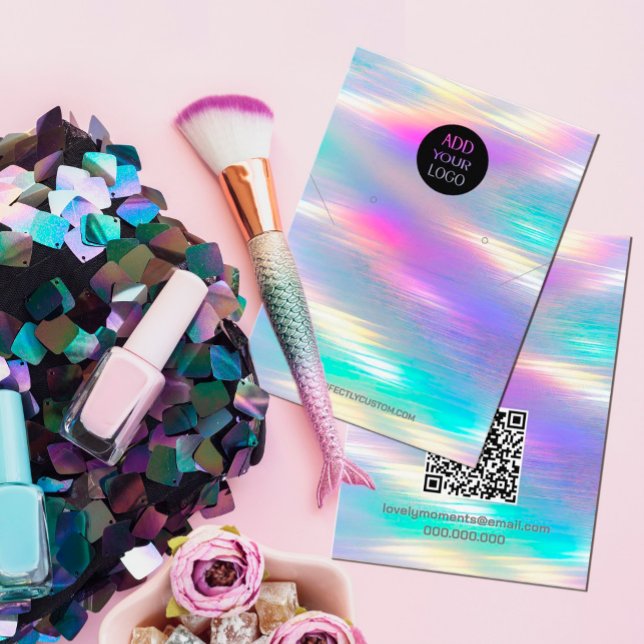 Moderne Holographic Logo QR Code Halsklammern Ohrr Visitenkarte (#zazzlemade #earringdisplay #girly #unicorn #holographic #earringdisplayholder #holographicrainbow)