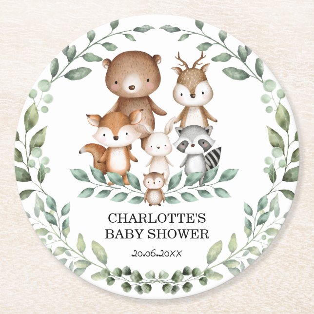 Moderne Holz-Grünanlage Tierbabydusche Dekoration Runder Pappuntersetzer (Vorderseite)
