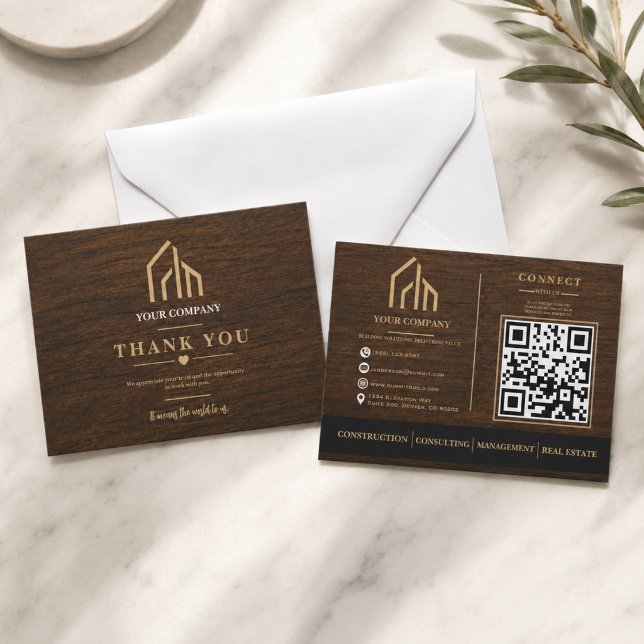 Moderne Holzkorn-QR-Code-Konstruktion  Dankeskarte (Modern Wood Grain QR Code Construction Thank You Card
)