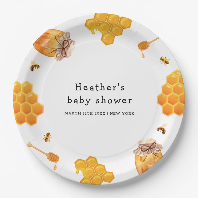 Moderne Honey Bumblebee Frame Baby Dusche Pappteller (Vorderseite)