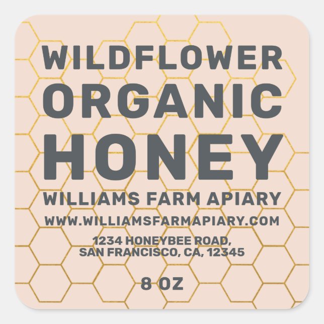 Moderne Honey Jar Label Honeybee Apiary Peach Stau Quadratischer Aufkleber (Vorderseite)