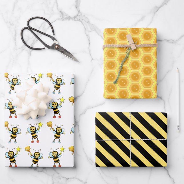 Moderne Honigbienen mit Herz- und Honigwabenmuster Geschenkpapier Set (Vorderseite)
