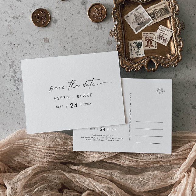 Moderne horizontale Skriptpostkarte Save the Date Einladungspostkarte (Von Creator hochgeladen)