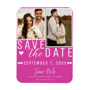 Moderne Hot Pink Save-the-Date 2-Foto-Hochzeit Magnet