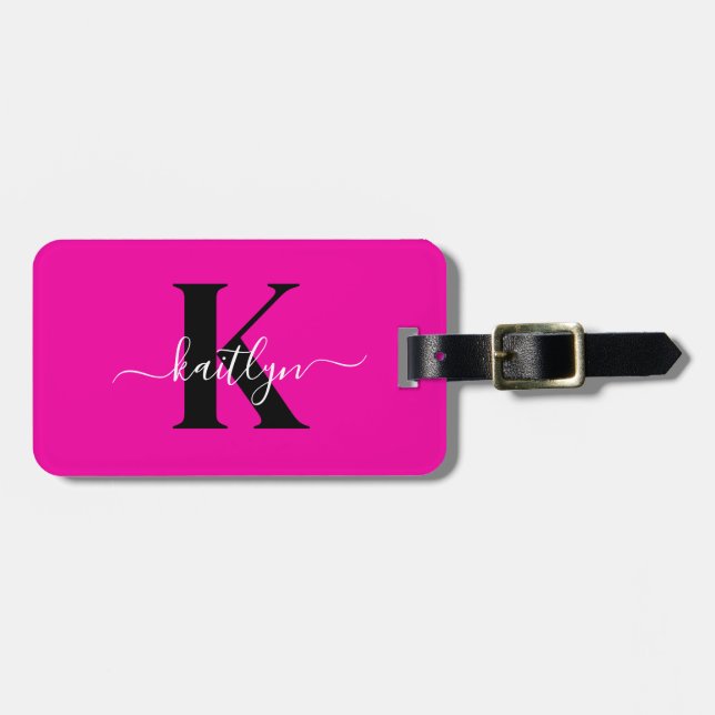 Moderne Hot Pink Schwarze Script-Monogramm Gepäckanhänger (Vorderseite horizontal)