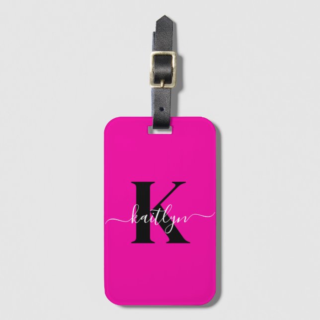Moderne Hot Pink Schwarze Script-Monogramm Gepäckanhänger (Vorderseite Vertikal)