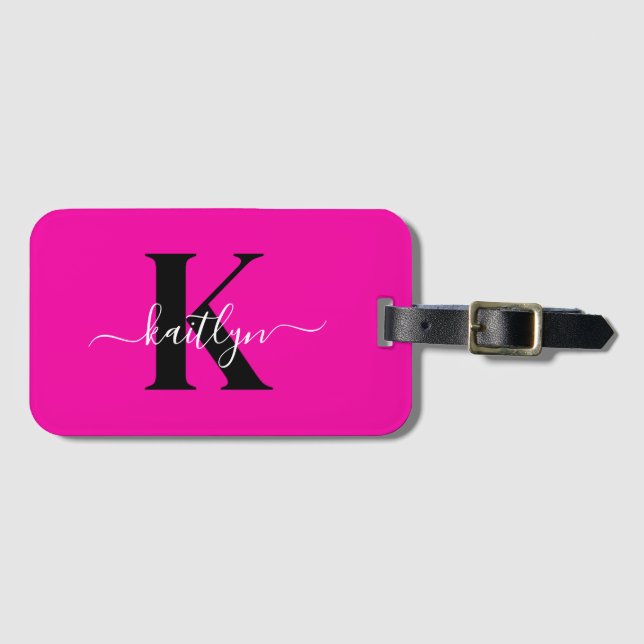 Moderne Hot Pink Schwarze Script-Monogramm Gepäckanhänger (Vorderseite (Horizontal))