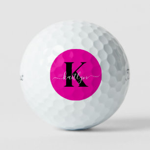 Moderne Hot Pink Schwarze Script-Monogramm Golfball