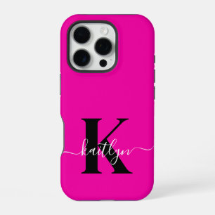 Moderne Hot Pink Schwarze Script-Monogramm iPhone 16 Pro Hülle