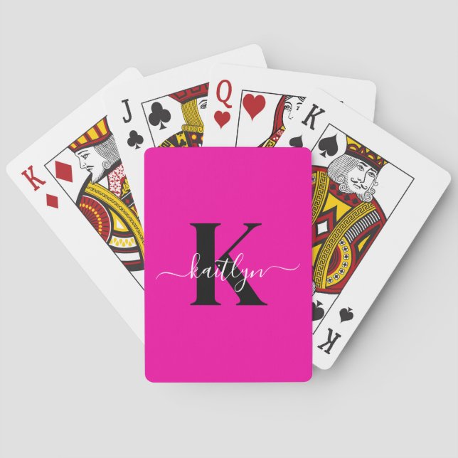 Moderne Hot Pink Schwarze Script-Monogramm Spielkarten (Rückseite)