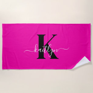 Moderne Hot Pink Schwarze Script-Monogramm Strandtuch