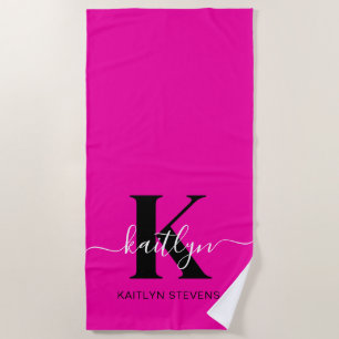 Moderne Hot Pink Schwarze Script-Monogramm Strandtuch