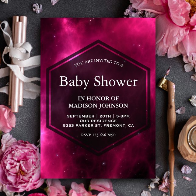Moderne Hot Pink Space Galaxy Babydusche Einladung (Von Creator hochgeladen)