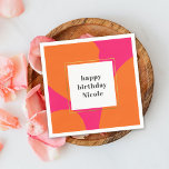 Moderne Hot Pink- und Orange-Abstrakte Geburtstags Serviette<br><div class="desc">Diese zeitgenössische Geburtstagsparty-Papierserviette hat ein lebendiges abstraktes Muster orangefarbener abgerundeter Formen auf einem heißen rosa Hintergrund. Der "Happy Geburtday"-Text kann mit Ihrem Wunschtext und dem Namen der Geburtstaghonorare personalisiert sein. Da der gesamte Text bearbeitet werden kann, können Sie diese farbige Papierserviette auch für andere Gelegenheiten verwenden, indem Sie den Text...</div>