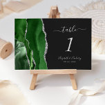 Moderne Hunter Green Silver Agate Dark Wedding Tischnummer<br><div class="desc">Der links Rand dieser eleganten,  modernen Hochzeitskarte verfügt über einen Jäger-grünen Aquarellstreifen,  der mit Imitaten aus silberfarbenem Glitzer bestickt ist. Der anpassbare Text kombiniert silbergraue Handschrift,  kursiv und kopperplate Schriftart auf einem schwarzen Hintergrund.</div>
