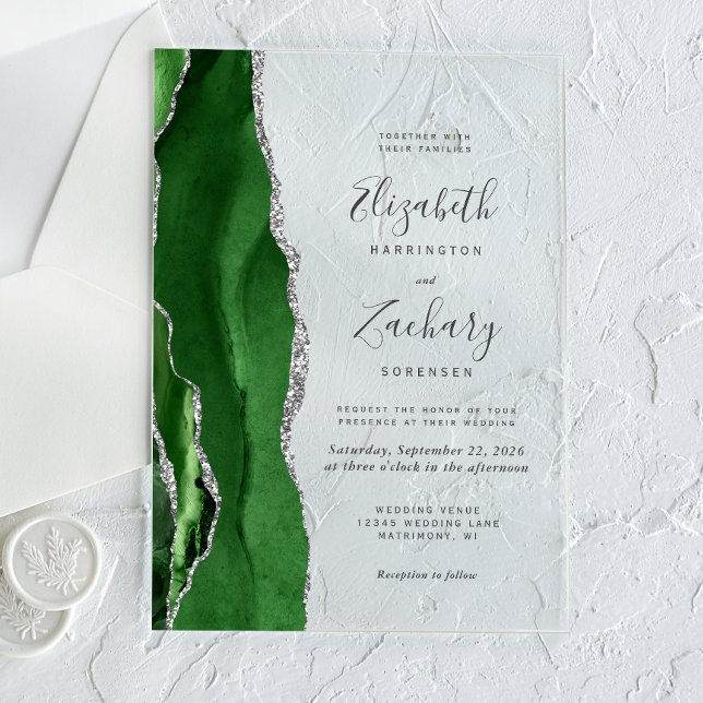 Moderne Hunter Green Silver Agate Hochzeit Acryleinladungen (Von Creator hochgeladen)