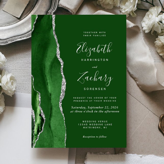 Moderne Hunter Green Silver Agate Hochzeit Einladung (Von Creator hochgeladen)