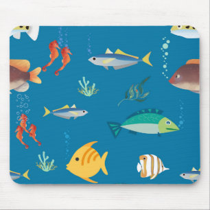 Moderne illustrierte Fisch- und Seepferdchen-Muste Mousepad
