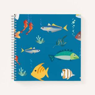 Moderne illustrierte Fisch- und Seepferdchen-Muste Notizbuch