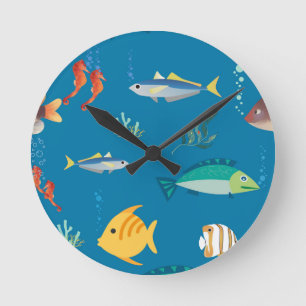 Moderne illustrierte Fisch- und Seepferdchen-Muste Runde Wanduhr