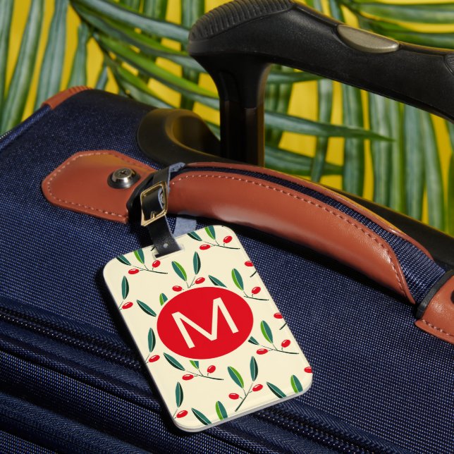 Moderne illustrierte rote Beeren Muster Monogramm Gepäckanhänger (Vorderseite Insitu 1)