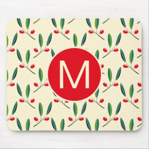 Moderne illustrierte rote Beeren Muster Monogramm Mousepad