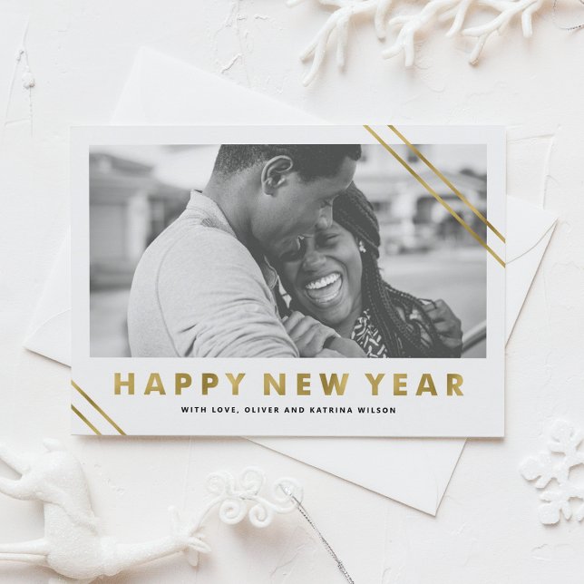 Moderne Imitat-Goldfolien-glückliches neues Feiertagskarte (Modern Faux Gold Foil Happy New Year Photo Holiday Card)