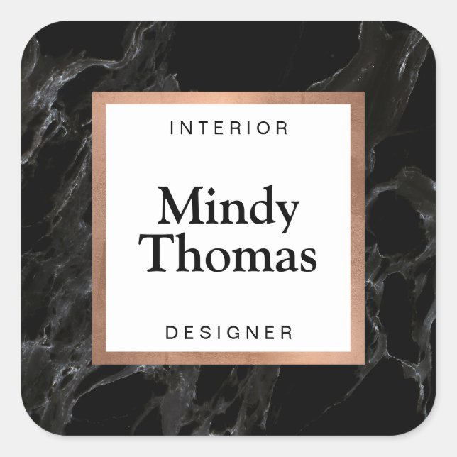 Moderne Imitate aus schwarzem Marmor Rose Gold Fra Quadratischer Aufkleber (Vorderseite)