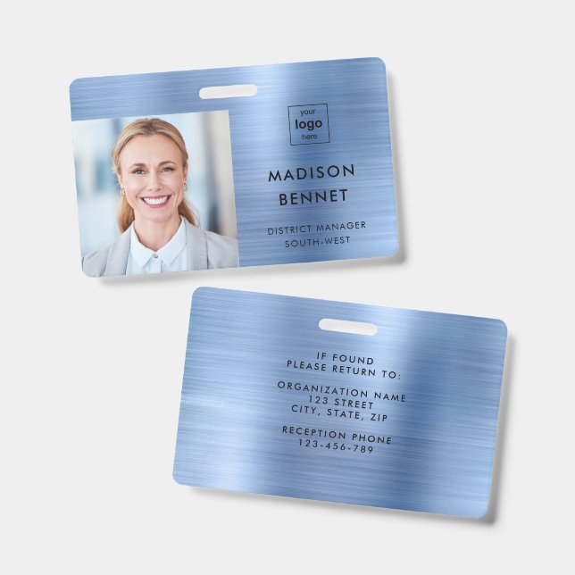 Moderne Imitate Blue Metallic Corporate Foto ID Ausweis (Vorder- & Rückseite)