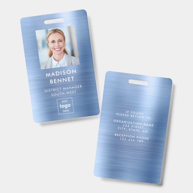 Moderne Imitate Blue Metallic Corporate Foto ID Ausweis (Vorder- & Rückseite)