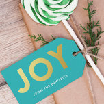 Moderne Imitate Foil Joame Name Christmas Geschenkanhänger<br><div class="desc">Machen Sie eine kühne Aussage in dieser Urlaubssaison mit diesen modernen,  farbenfrohen Geschenketiketten,  mit einfachen Typografie,  die JOY in Imitaten goldenen Folie liest. Die Hintergrundfarbe (in Aquablau dargestellt) kann auf Wunsch angepasst werden. Die Rückseite enthält ein passendes Muster von Imitaten goldenen Weihnachtsbäumen.</div>